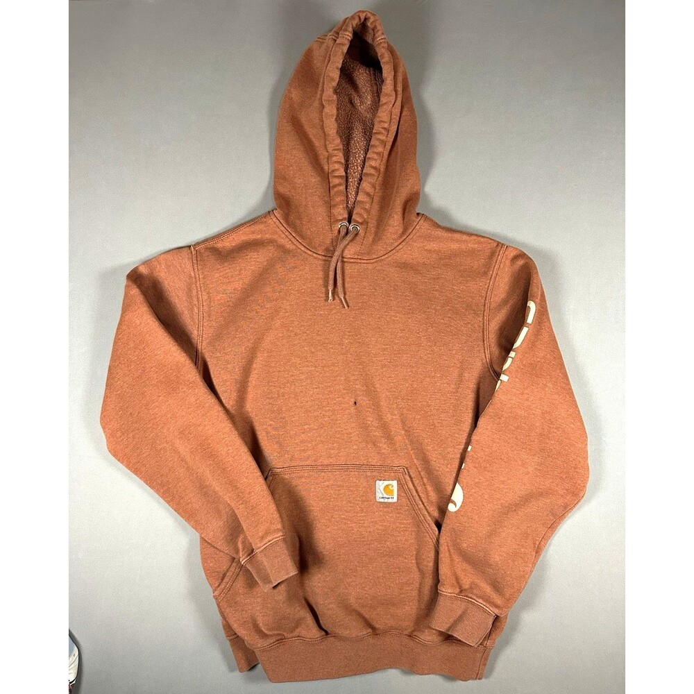 Carhartt Loose Fit Hoodie Mens S Rust Brown Sleeve Logo Sweatshirt Hole